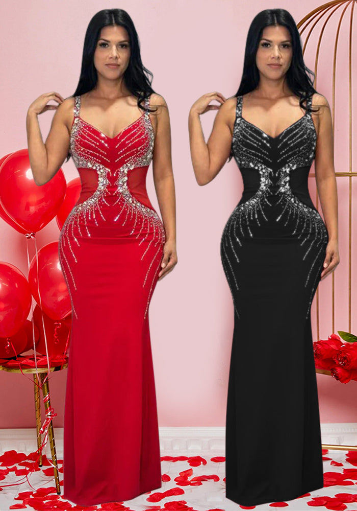 Sexy Strap V-Neck Slim Beaded Long Dress