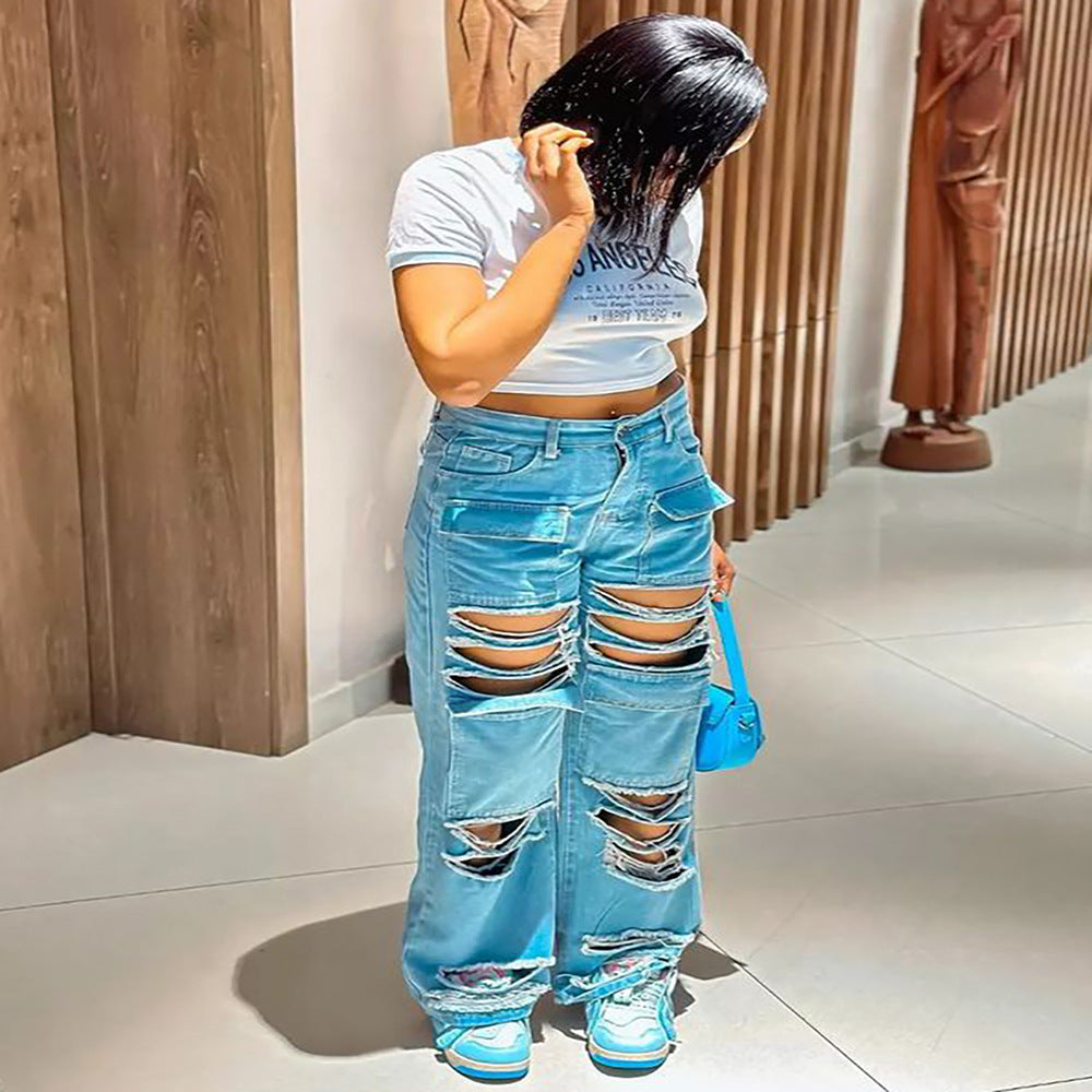 Women Street Style High Waist Ripped Pocket Straight Denim Pants 5