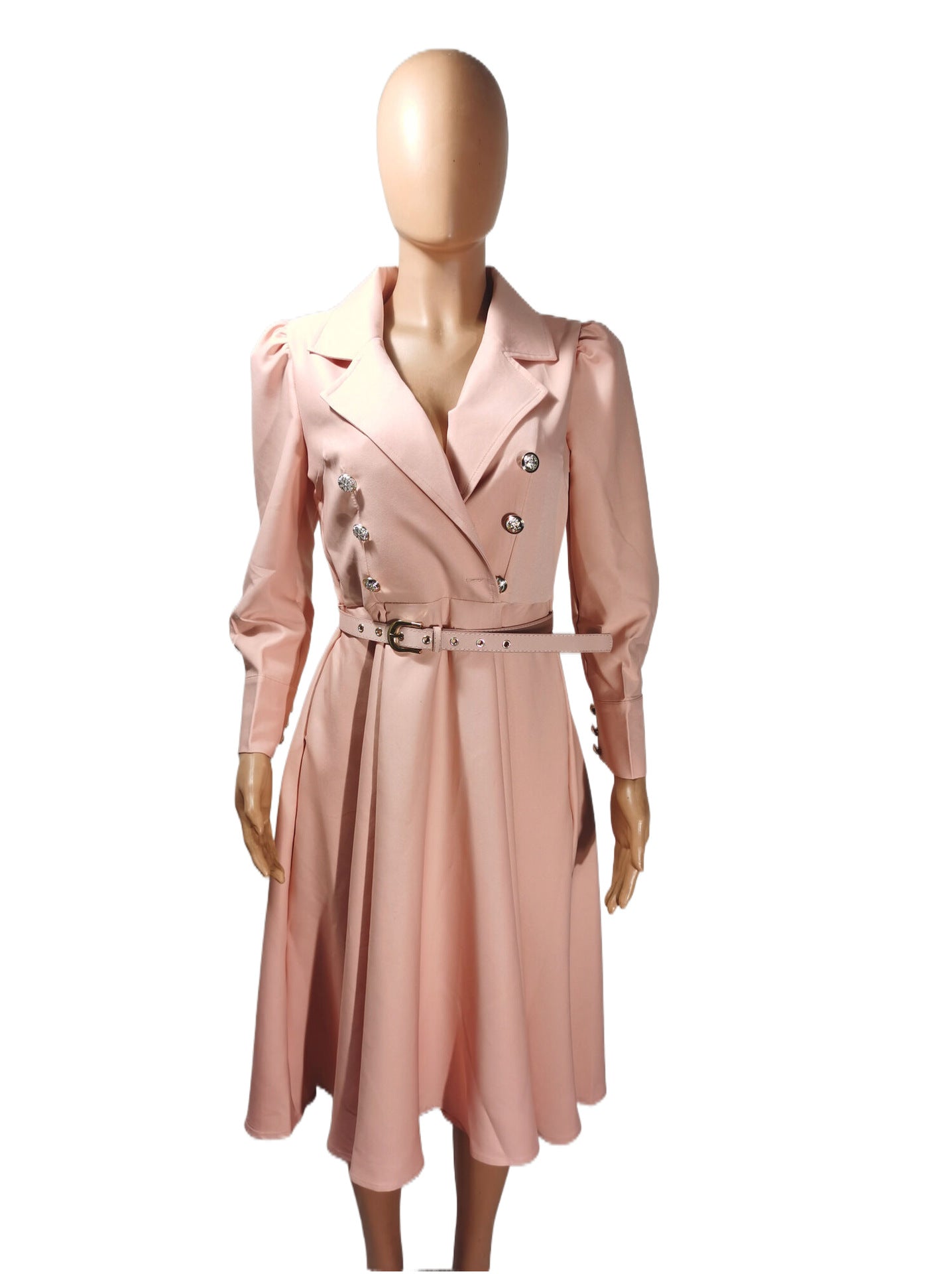 Women Turndown Collar Pleated Lace-Up Belted Dress 10