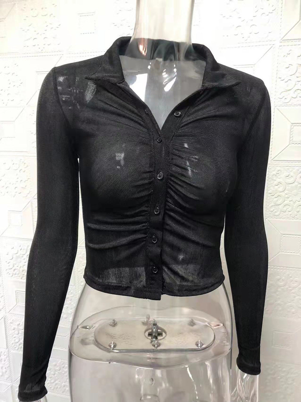 Women Sexy Pleated Turndown Collar Long Sleeve Shirt 13