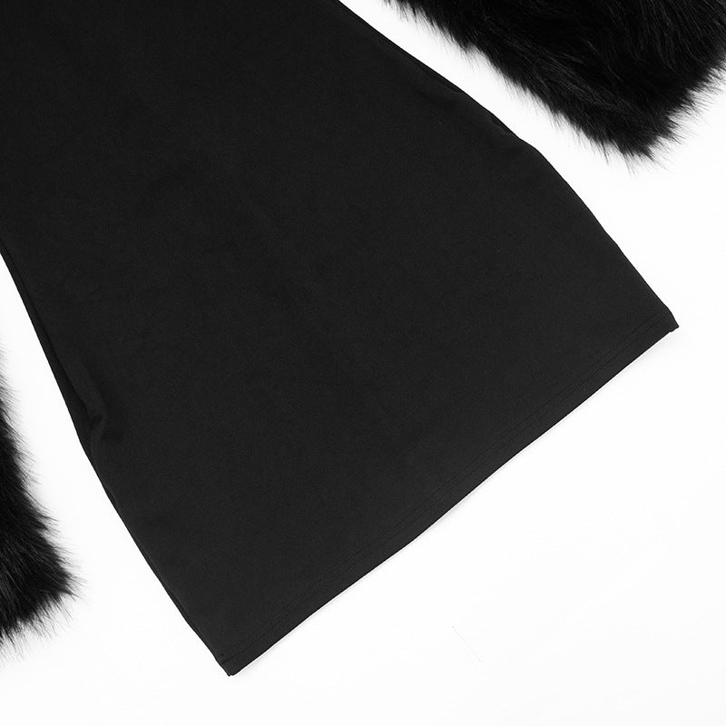 Women Autumn Zipper Neck Long-Sleeved Fur Paneled Sexy Bodycon Dress 21