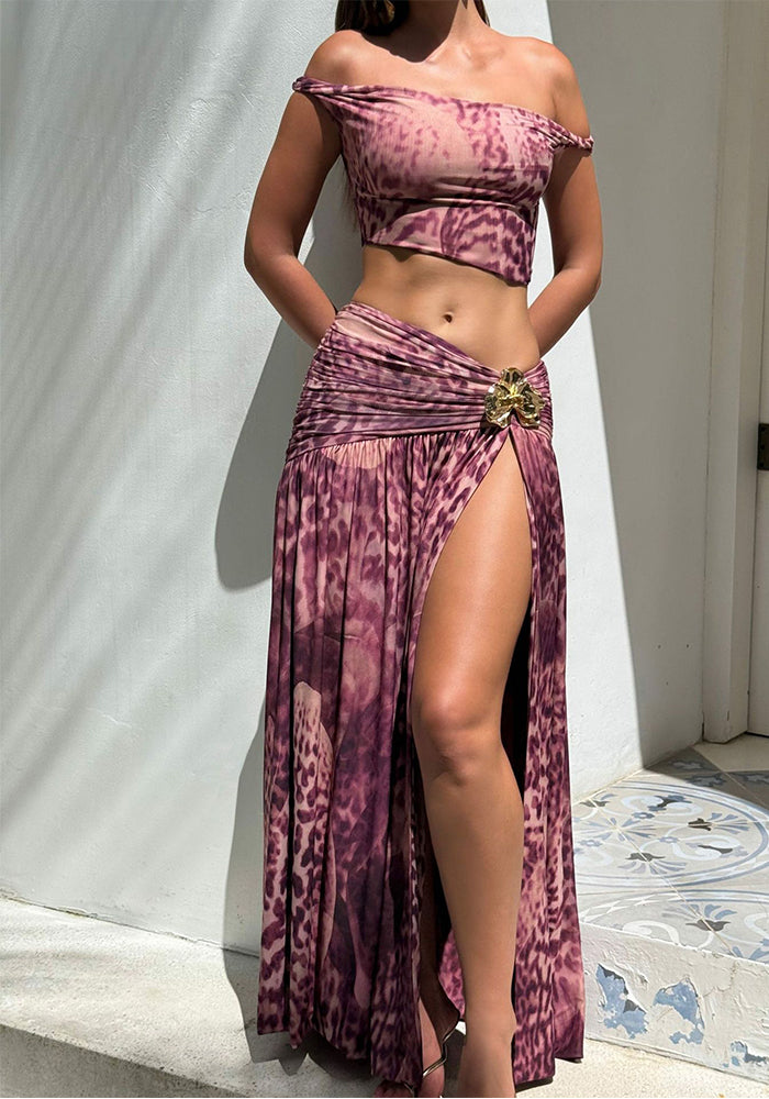 Summer Sexy Slash Shoulder Print Top & Slit Skirt Set