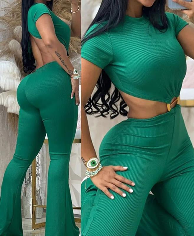 Spring Autumn Women's Sexy Round Neck Low Back Slim Butt Lift Solid Color Jumpsuit Sportswear