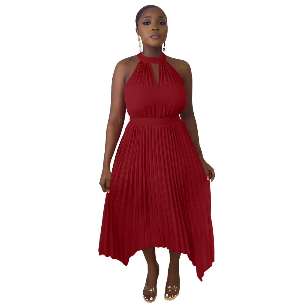 Women Casual Sleeveless Clipped Pleated Halter Neck Dress 15