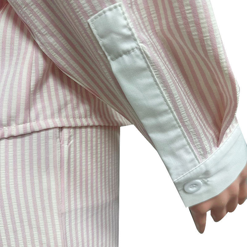 Summer Turndown Collar Long Sleeve Striped Shirt Elastic Waist Shorts Two-Piece Set 19