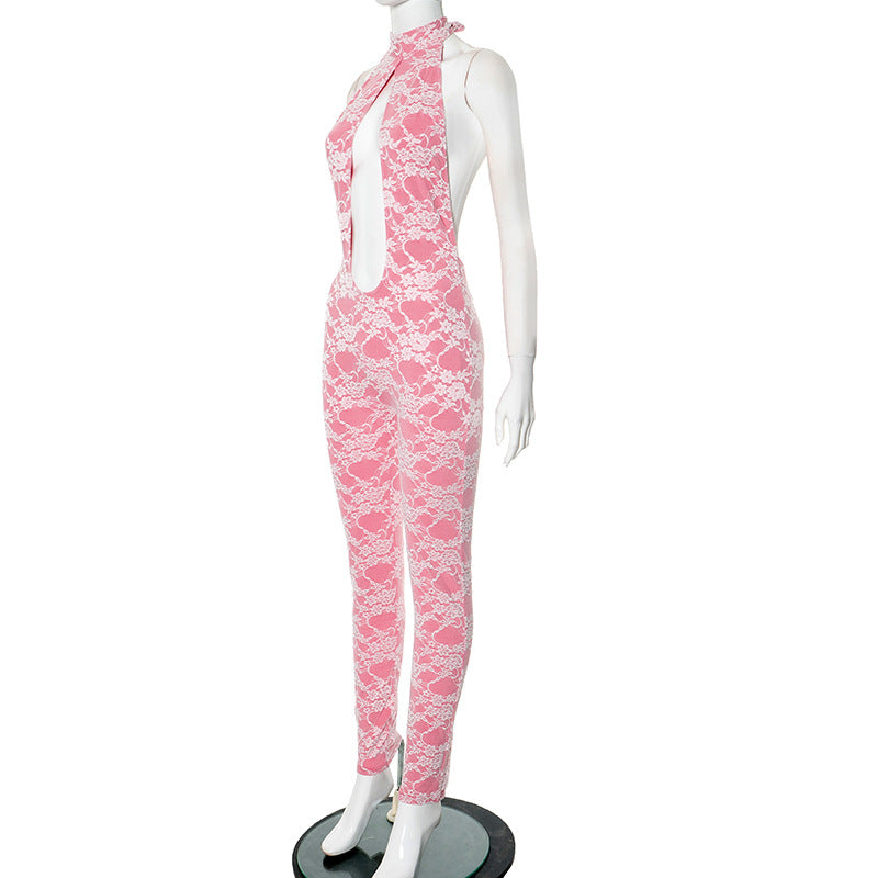 Women Spring and Summer Lace Halter Neck Lace-Up Hollow Backless Jumpsuit 5