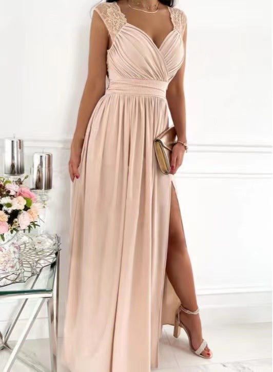 Women sleeveless lace backless slit dress