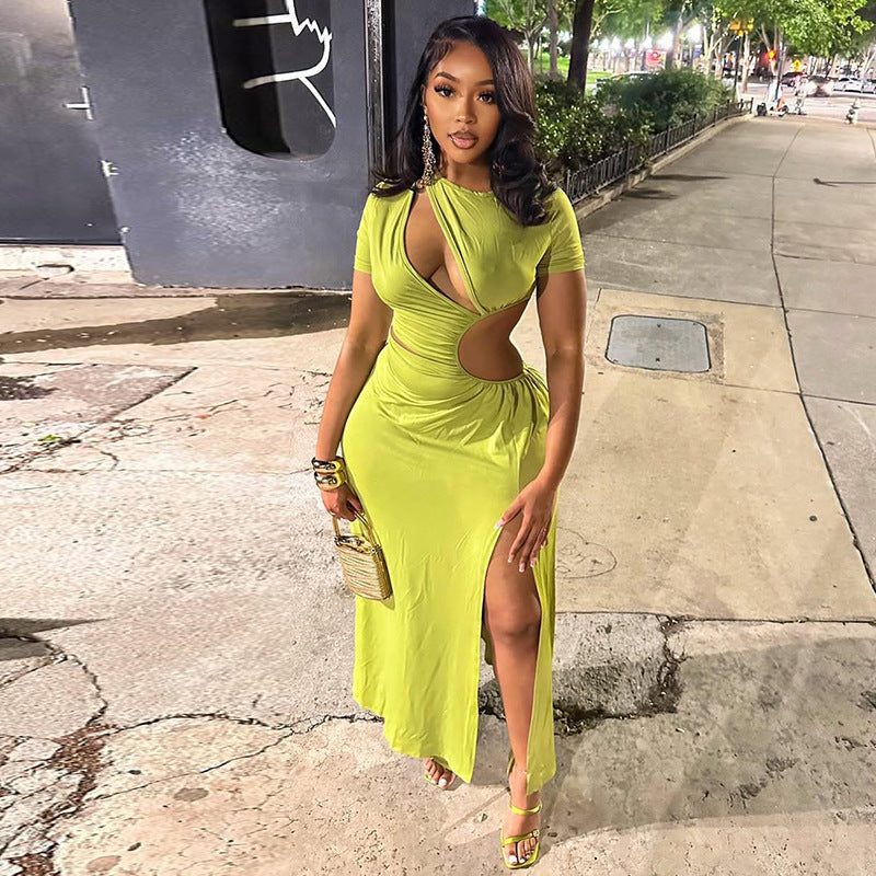 Chic Women's Fashion Cut-Out Slit Irregular Round Neck Solid Color Pleated Dress 4
