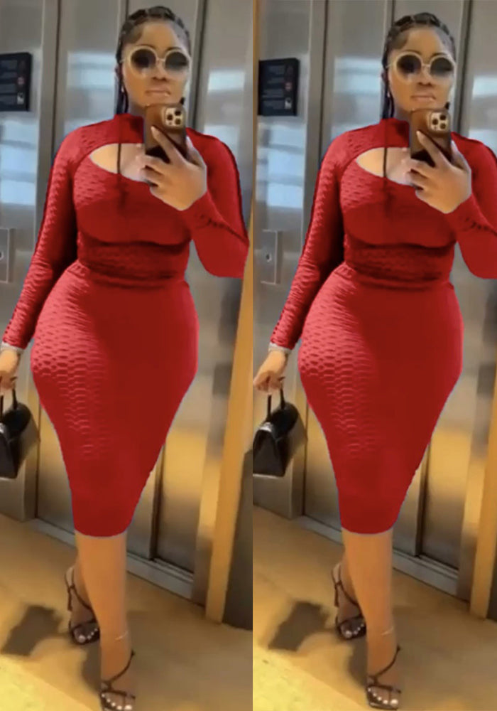 Women Solid Round Neck hollow sexy lace Bodycon long sleeve dress