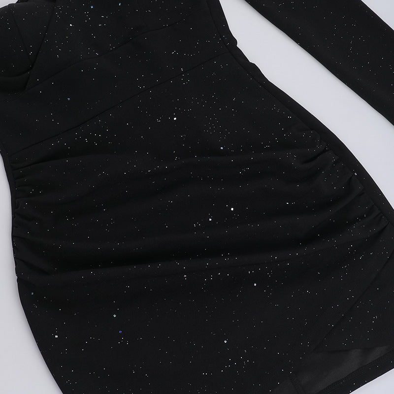 Women Autumn Sexy One Shoulder Long Sleeve Gathered Bodycon Dress 8