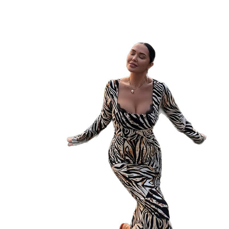 Women Fall Sexy Leopard Print U-Neck Long-Sleeved Dress 6