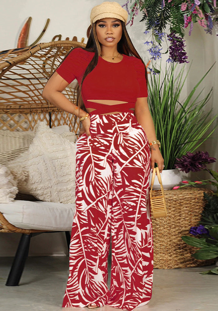 Women's Summer Round Neck Belted Printed Wide Leg Pants Casual Set