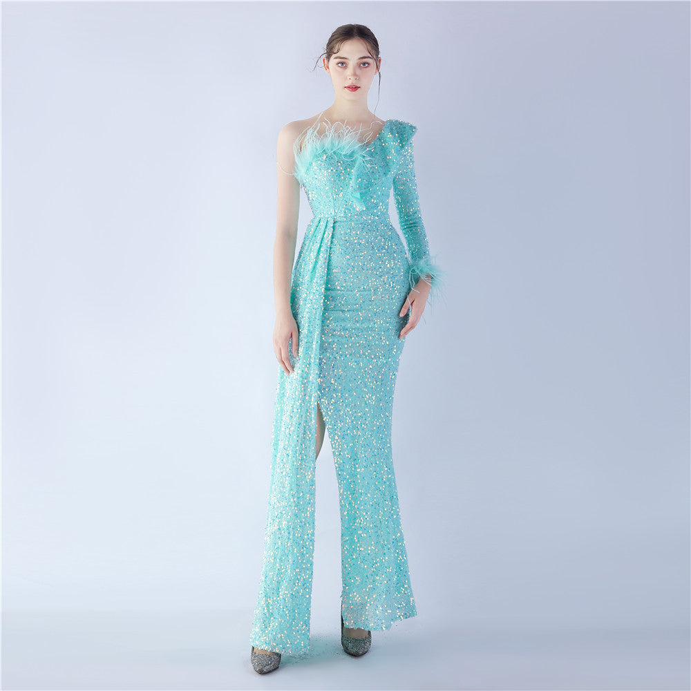 Sexy Slash Shoulder Feather Ruffle Long Sleeve Side Slit Sequin Evening Dress 8