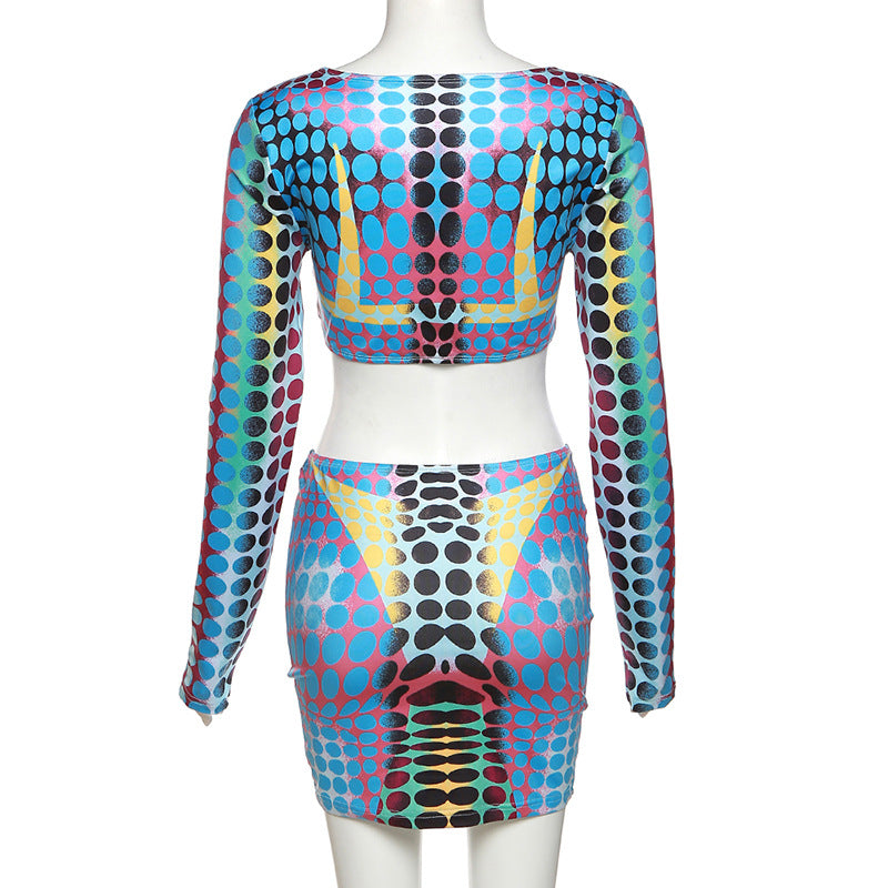 Spring Ladies Low Neck Digital Printing Long Sleeves Slim Fit Casual Skirt Set 10
