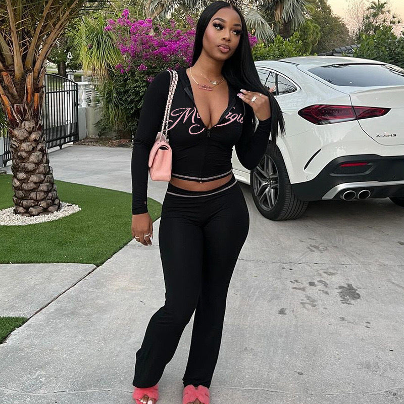 Women's Spring Printed Long-Sleeved Hooded Zipper Top High Waist Tight Fitting Bell Bottom Pants Two Piece Set 4