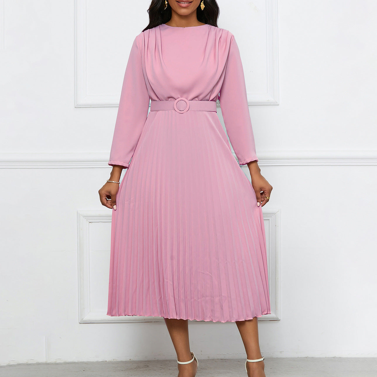Plus Size African Women Chic Elegant Pleated Career Solid Dress 3
