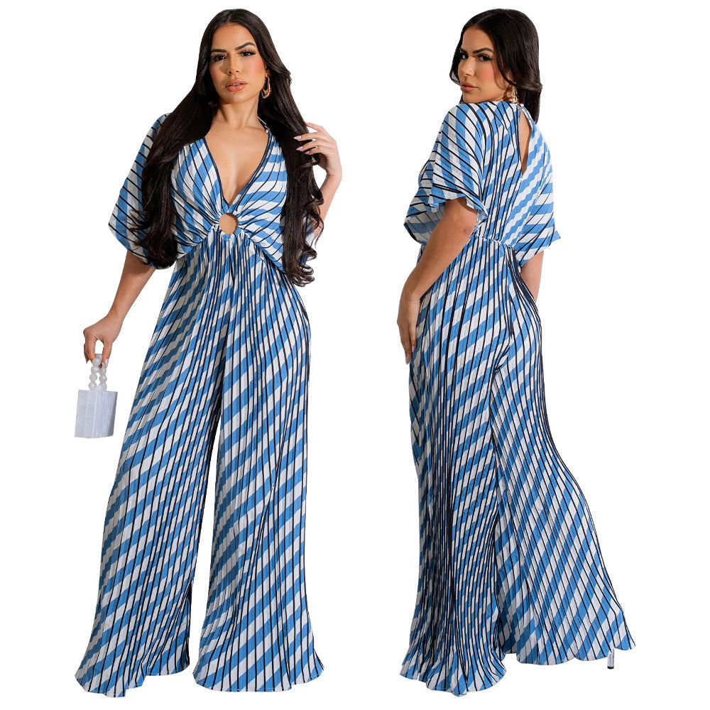 Fashion Women's V-Neck Print Pleated Casual Jumpsuit 3