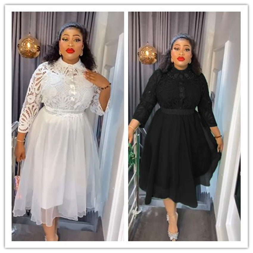Africa Plus Size Women Lace Turndown Collar Dress Three-Piece 5