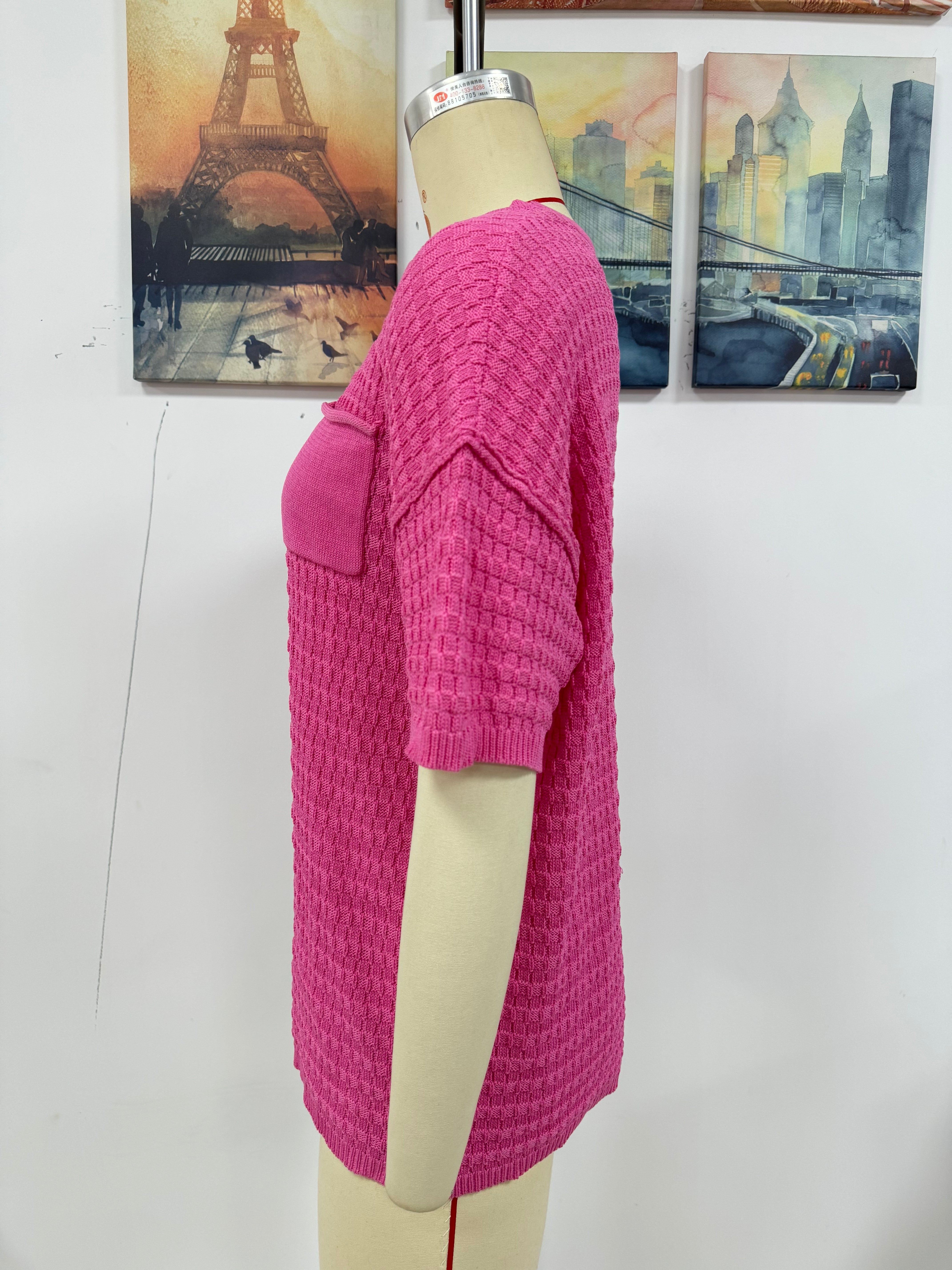 Women Spring and Summer Pocket Short Sleeve Solid knitting Blouse 16