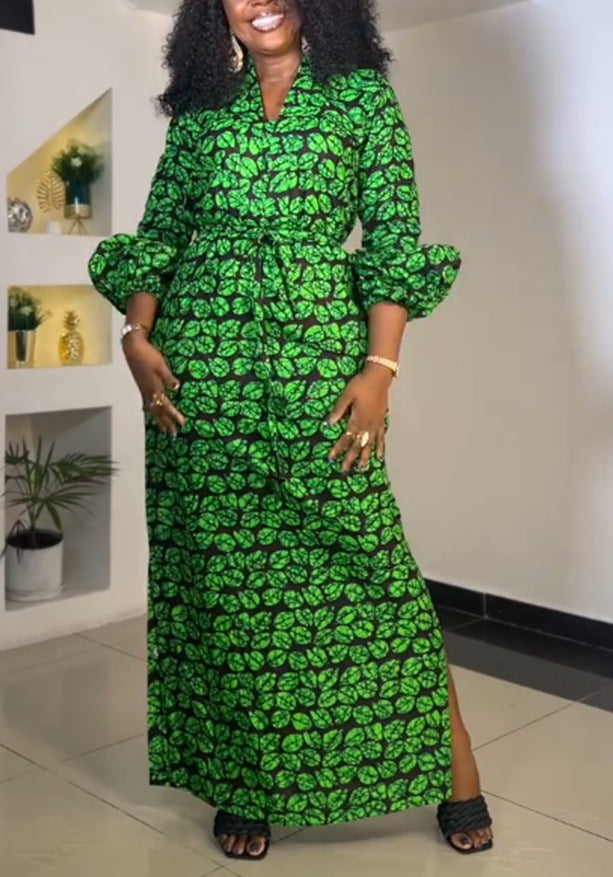 Sexy Print Drawstring Slim Waist Slit Dress 3