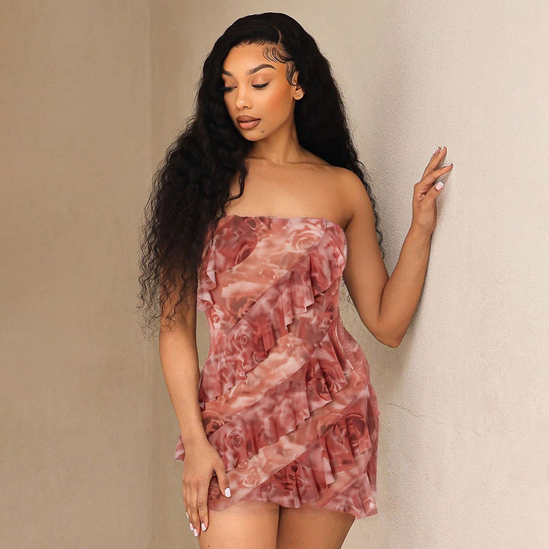 Women's Spring/Summer Flounce Mesh Strapless Mini Rose Print Bodycon Dress 13