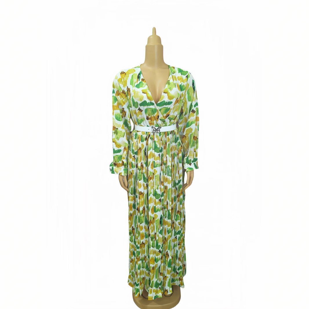 African Women Printed V-Neck Long Sleeve Maxi Dress with Belt 4