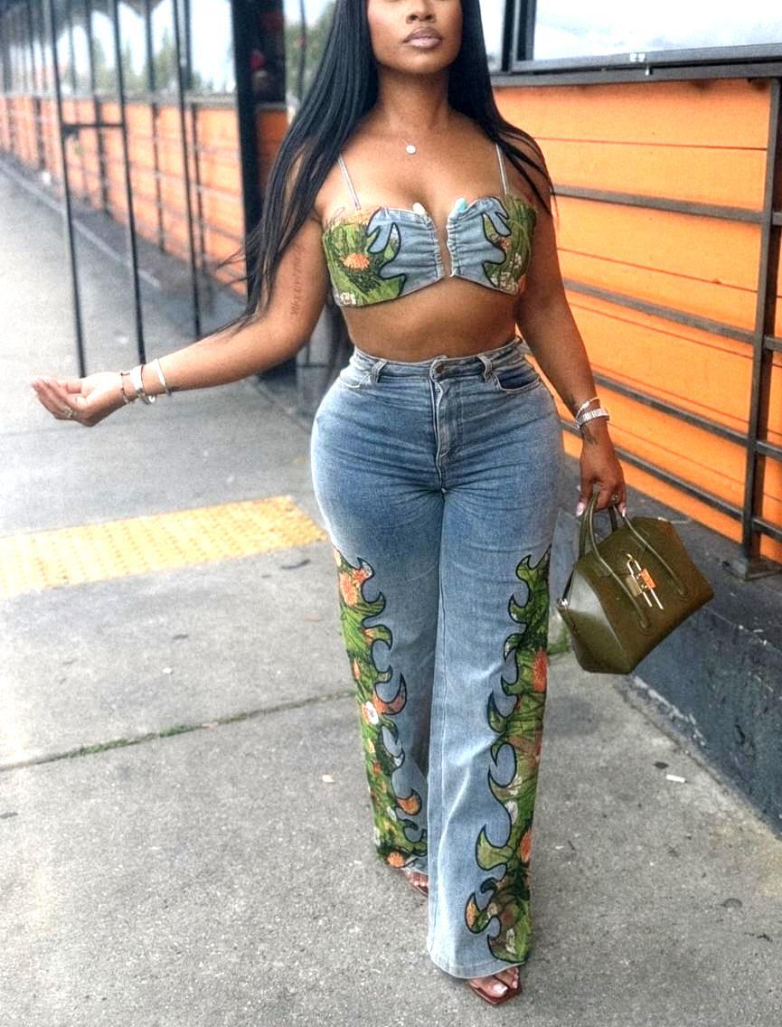 Women Sexy Floral Stretch Wrap Top and Denim Pants Two-Piece Set 7
