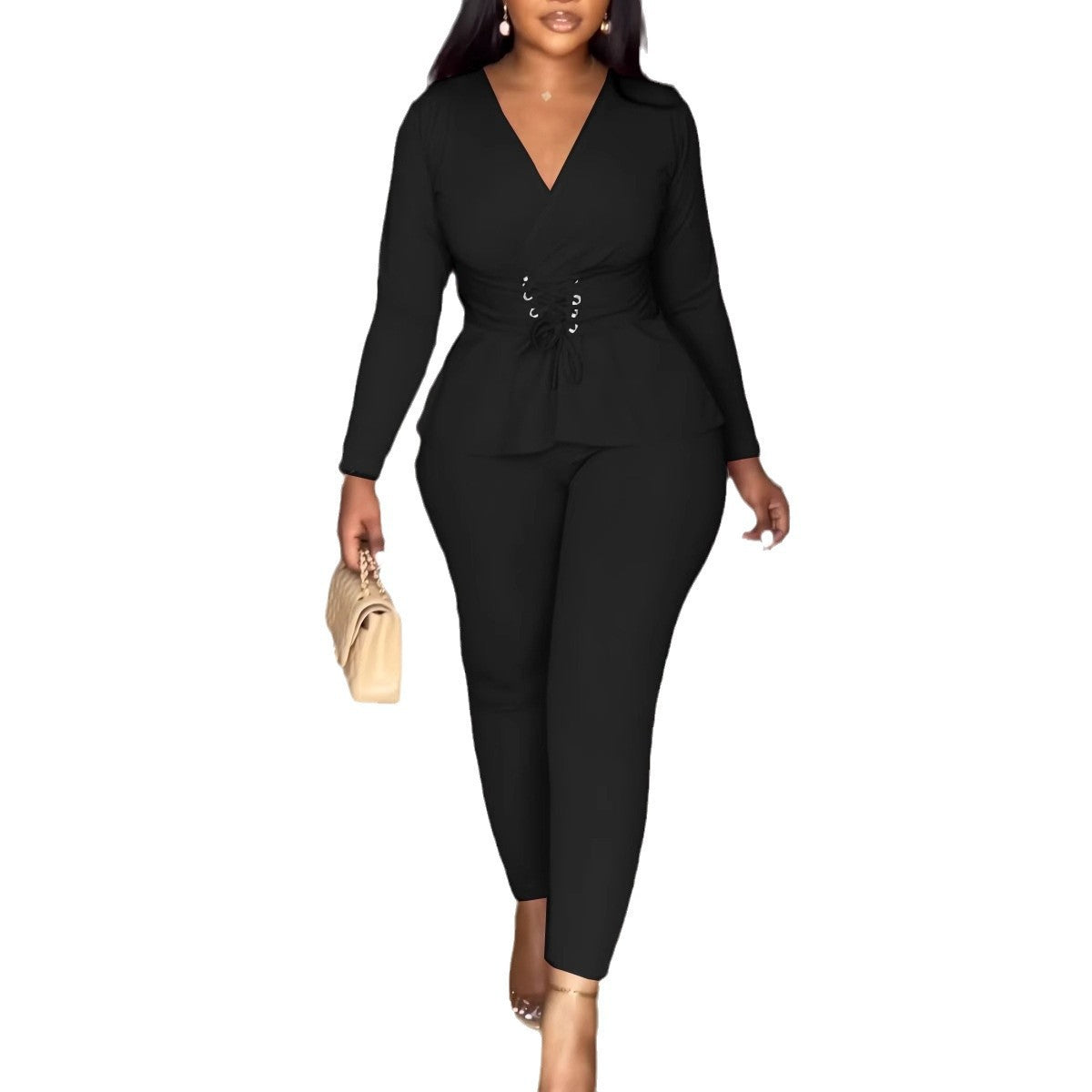 Solid Color V-Neck Slim Waist Long-Sleeved Pants Set 7