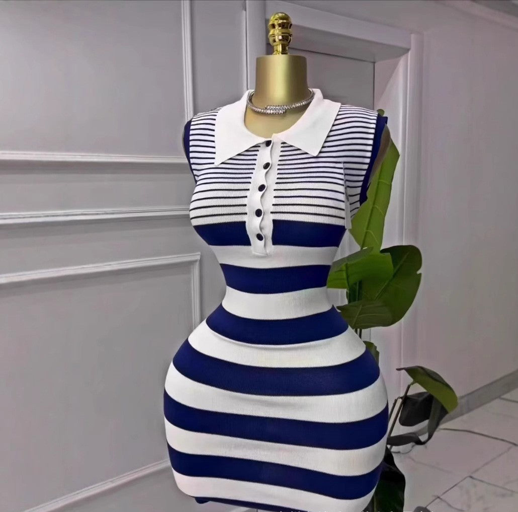 Women's Chic Fashion Striped Turndown Collar Sleeveless Slim Knit Dress 7