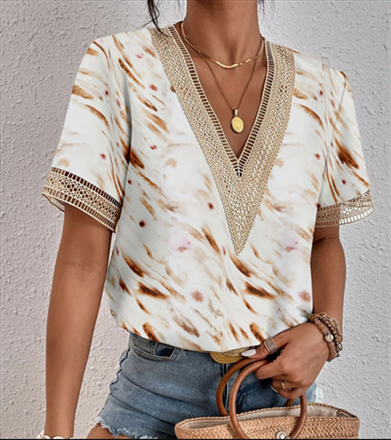 Women's V-Neck Lace Loose Blouse Chic Career Short Sleeve Women's Shirt 14