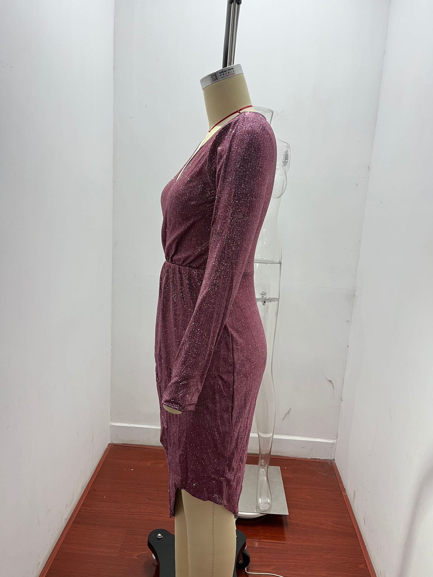 Women Shiny long-sleeved V-neck sparkling evening sexy dress 40