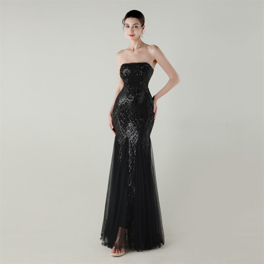 Women Strapless cross Lace-Up sequined tube flower sequined mesh evening dress Formal Party evening dress 58