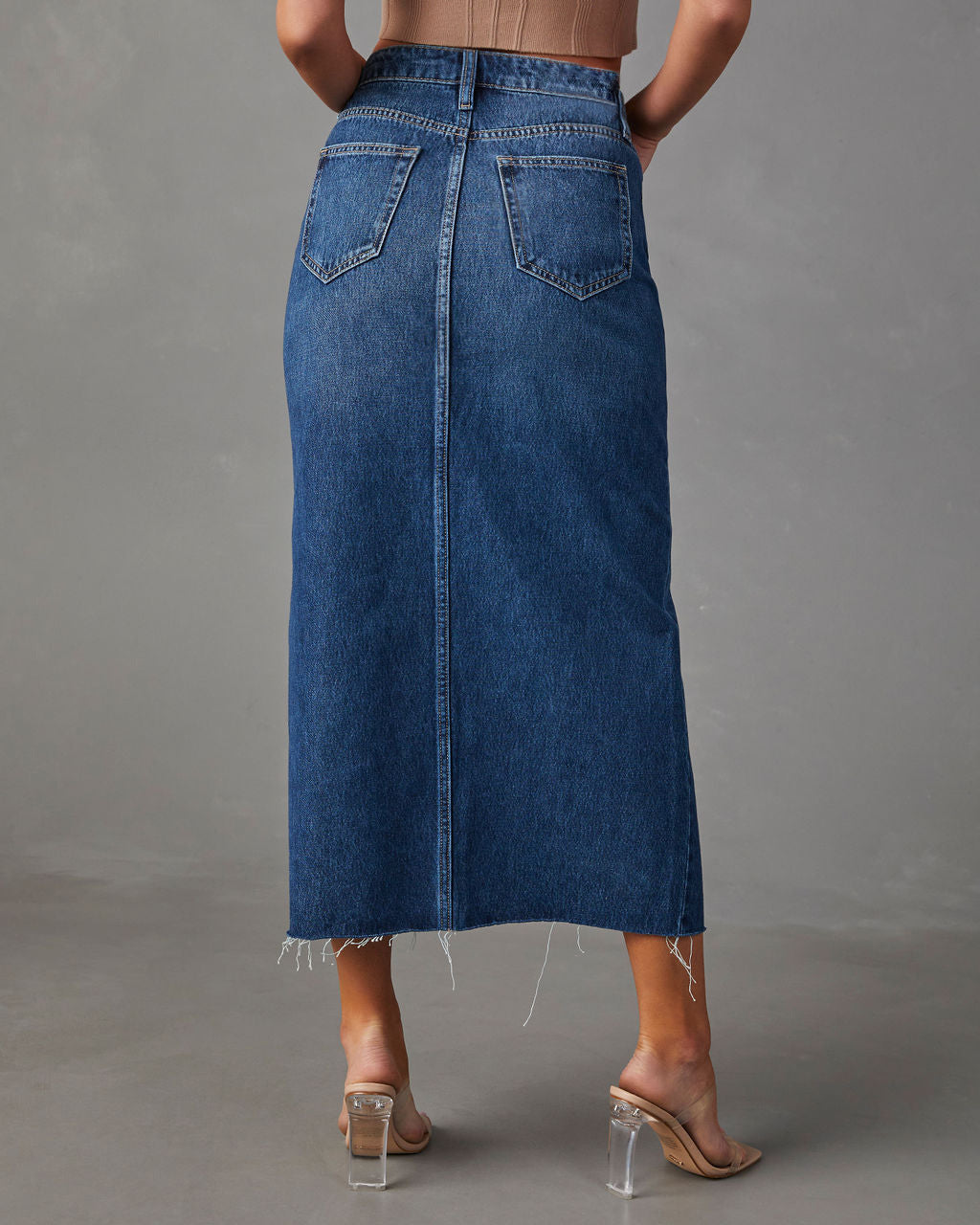 High Waist Slit Washed Denim Mid-Length Skirt For Women 5