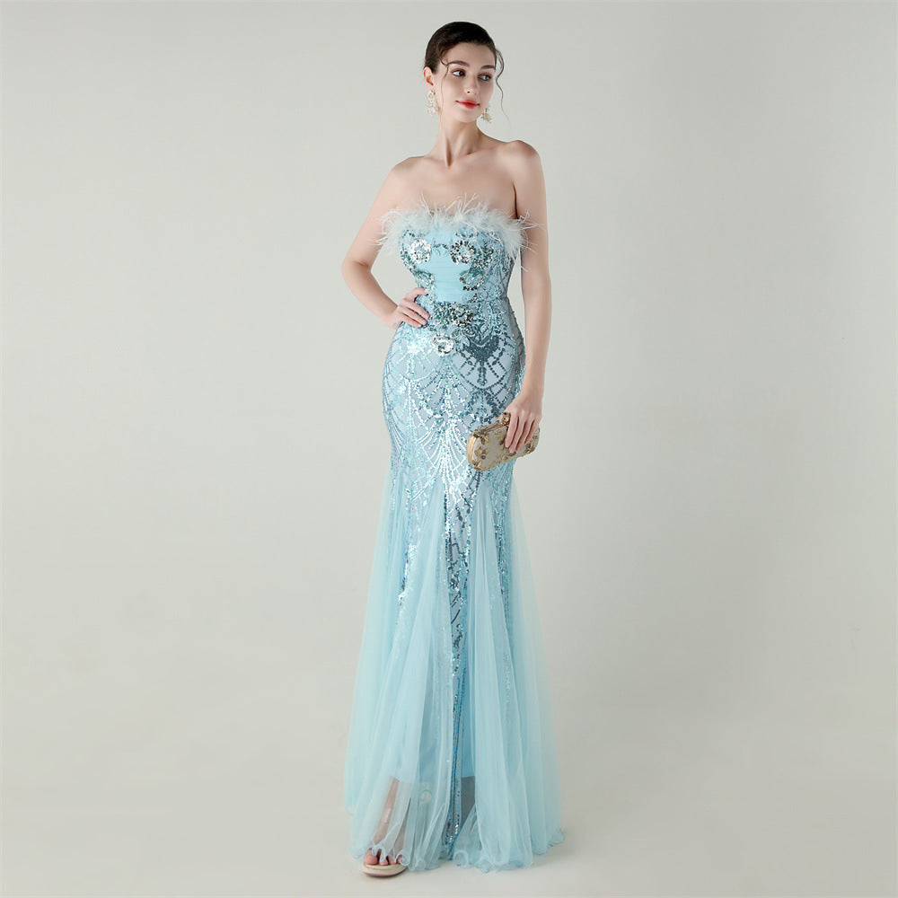 Women sequined tube flower ostrich feather Strapless cross Lace-Up Mesh Formal Party fishtail evening dress 14