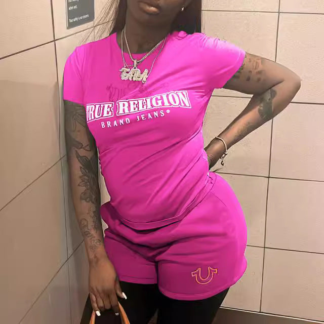 Women's Letter Printed Short-Sleeved Round Neck Sports Casual Two Piece Shorts Set 4