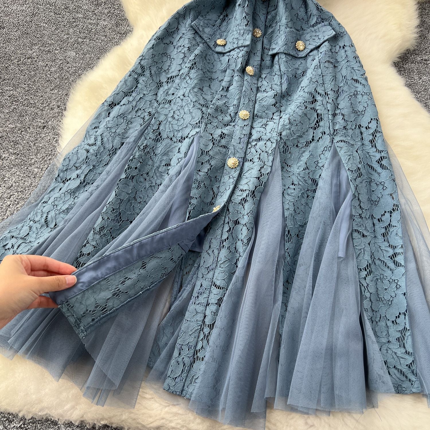 Women French V-Neck Metal Buttoned Mesh Patchwork Lace Ruffle Dress 17