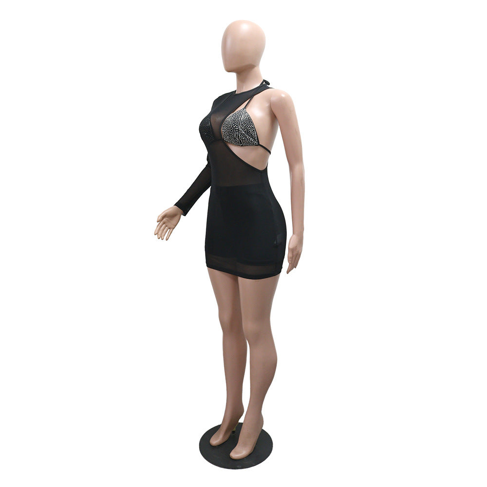 Beaded Bra Tight-Fitting Shorts Irregular Mesh Overlay Dress Three-Piece Set 7