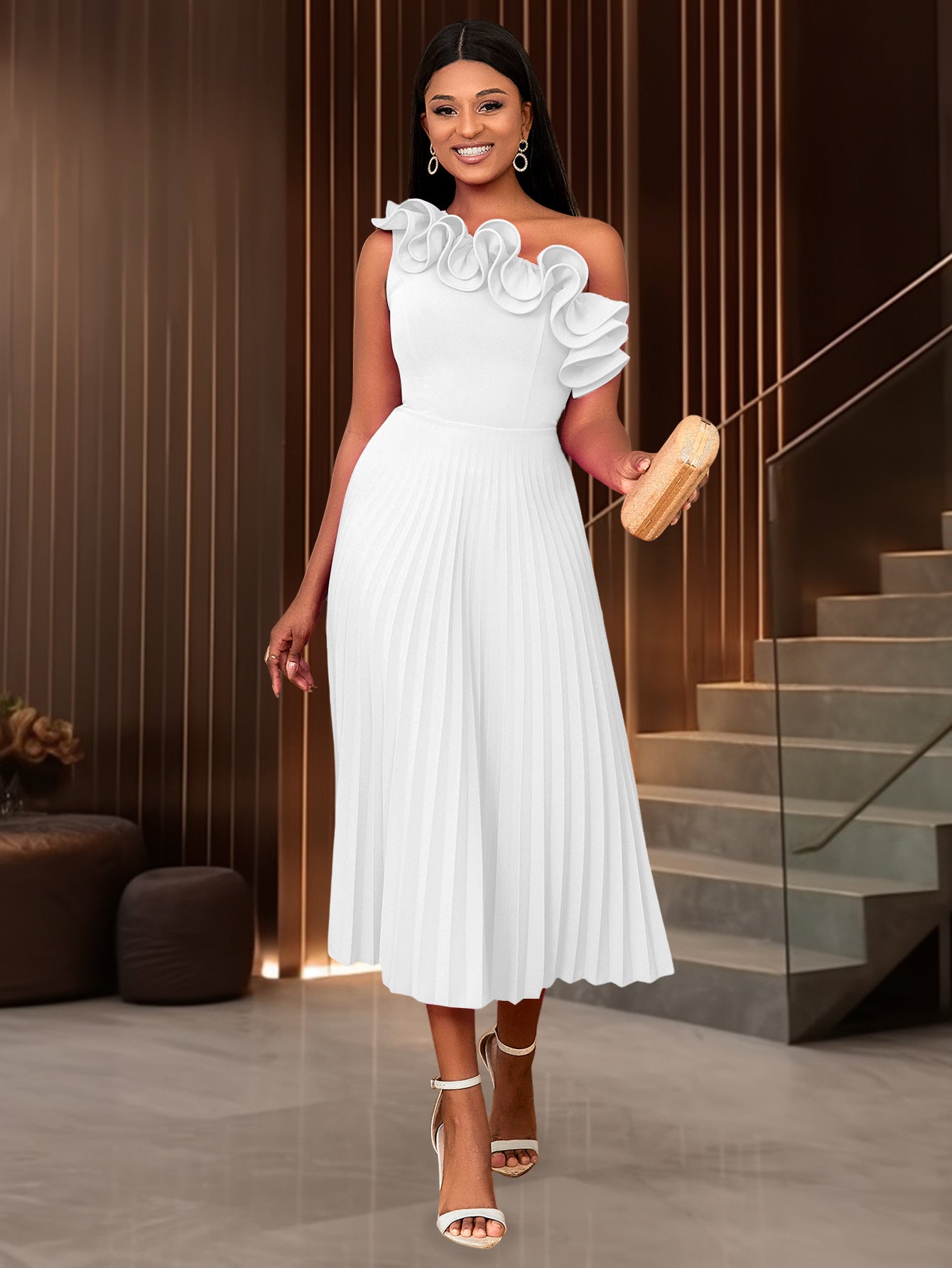 Women One Shoulder Slash Shoulder Formal Party Pleated Dress 29