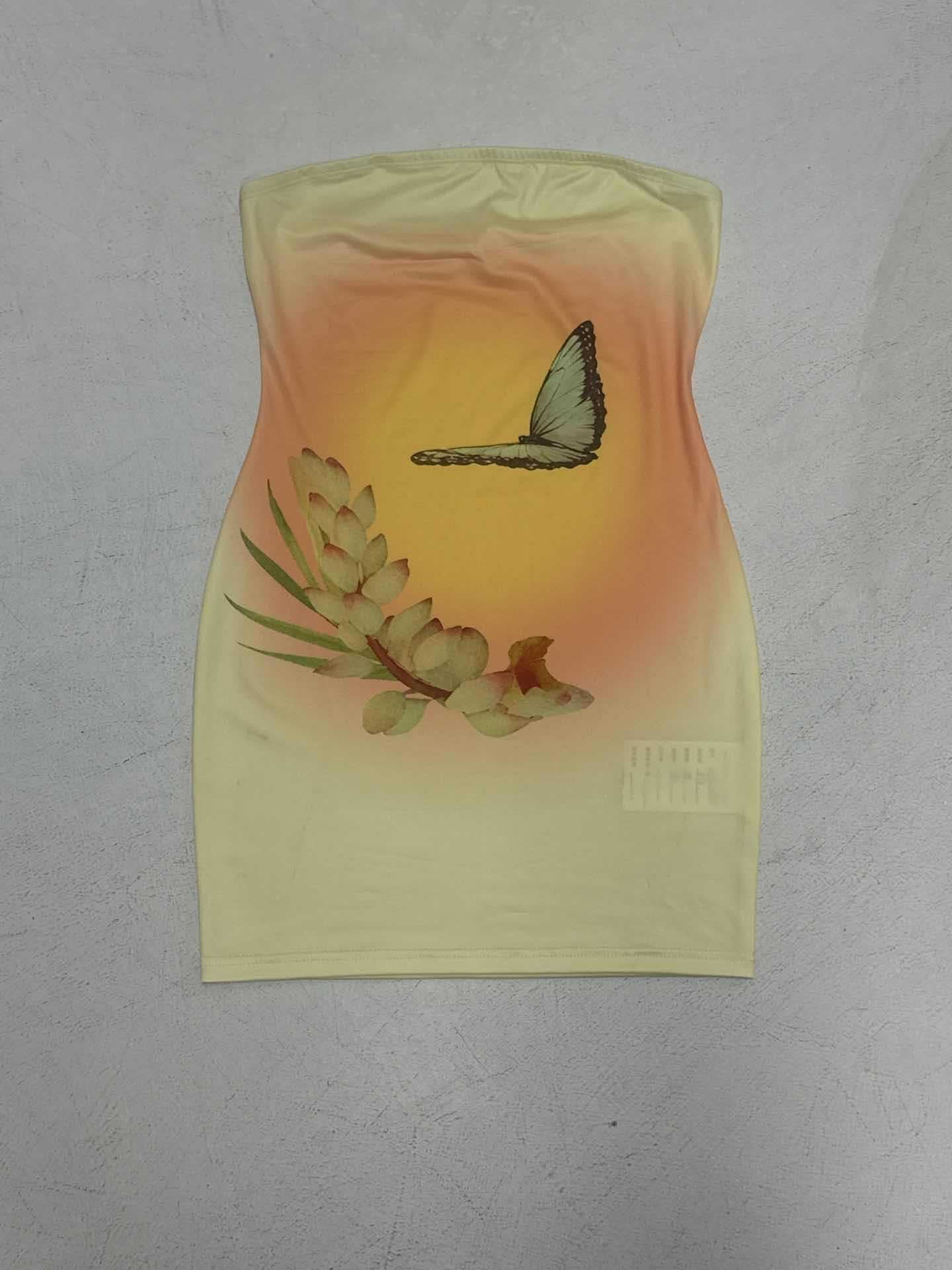 Women Sexy Holidays Butterfly Print Contrast Strapless Bodycon Dress 13