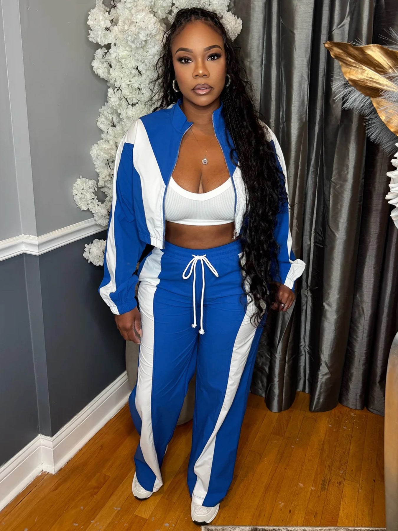 Women's Fashion Color-Blocking Zipper Cardigan Wide-Leg Drawstring Sport Pants Two-Piece Set 3