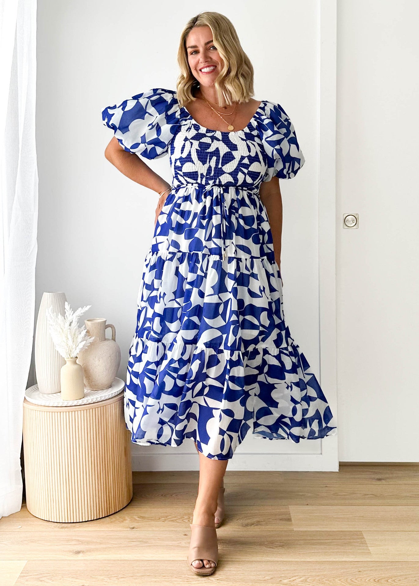 Women Elegant Print Off Shoulder Puff Sleeve Dress 36