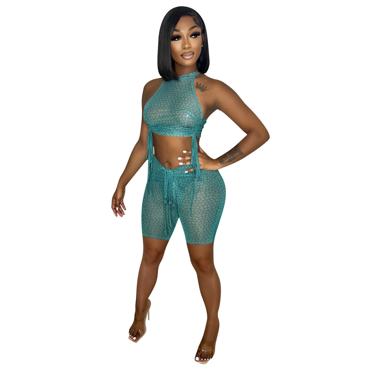 Women's Sexy Print See-Through Drawstring Dress 9