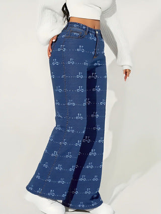 Women Stretch Butterfly Print Denim Wide-Leg Pants
