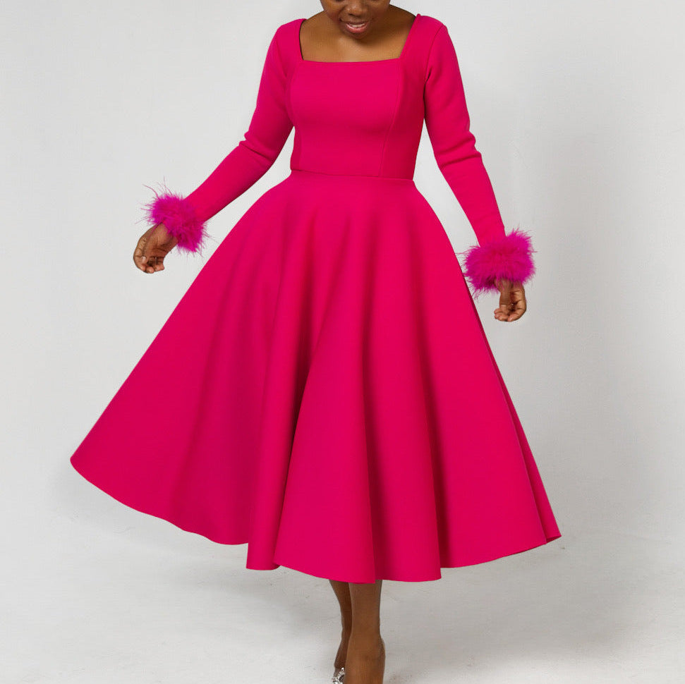 Winter Chic Elegant Fur Decorated Long Sleeve A-Line African Party Dress 12