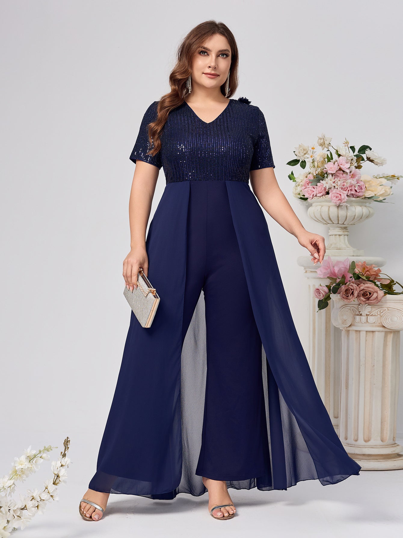 Plus Size Women Sequins V-neck Sequins Skirt Jumpsuit 3