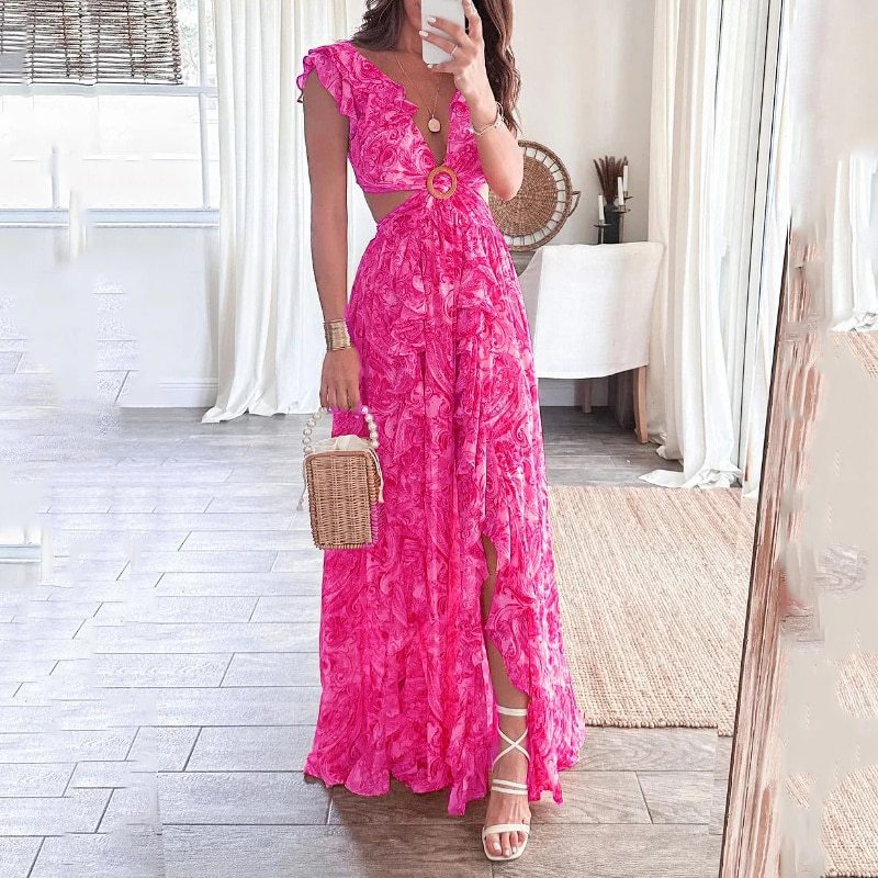 Women's Fashion Sexy V-Neck Printed Slit Long Dress 4
