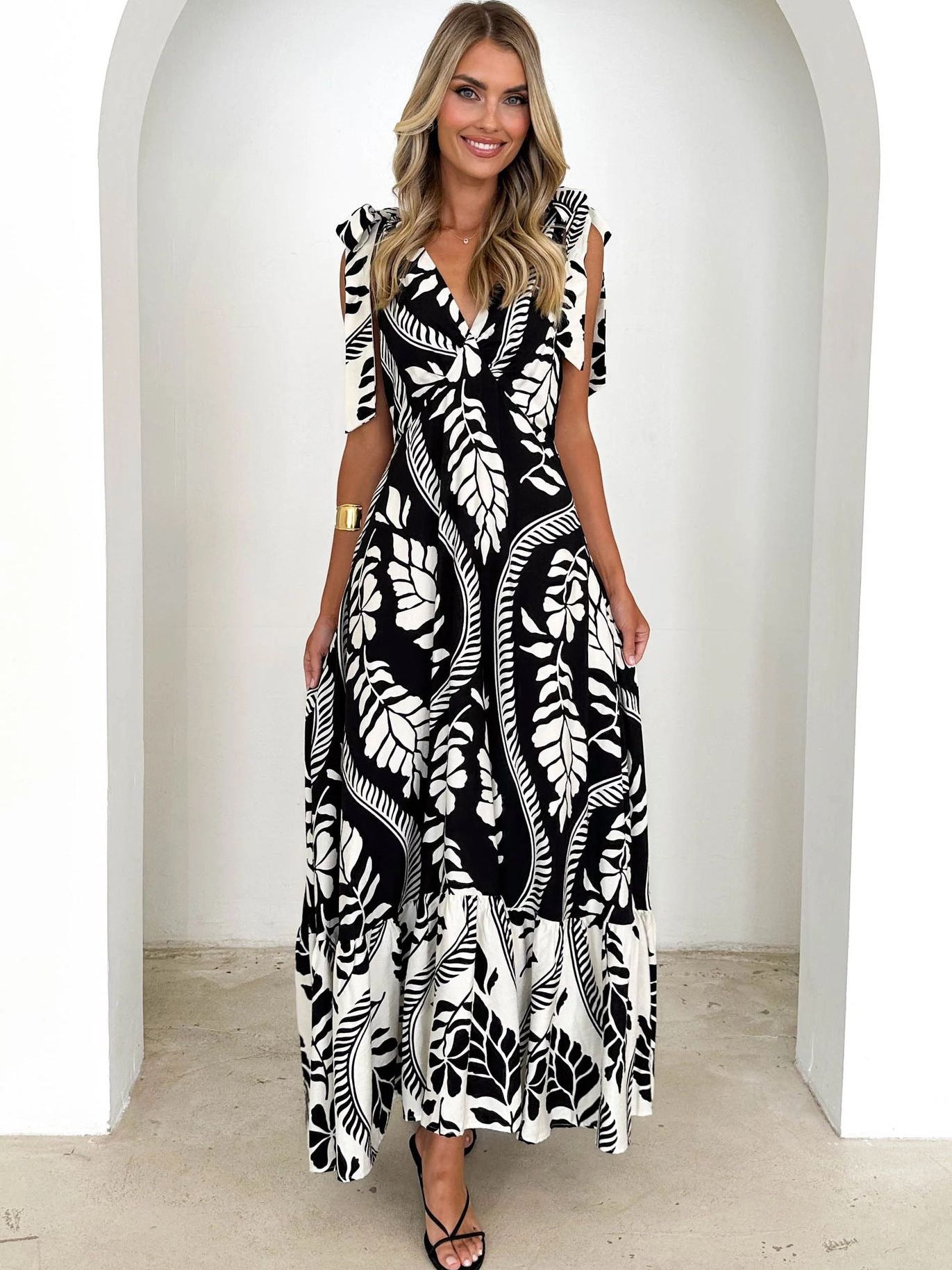 Summer Lace-up Women's V-neck Sleeveless Print Long Dress 8