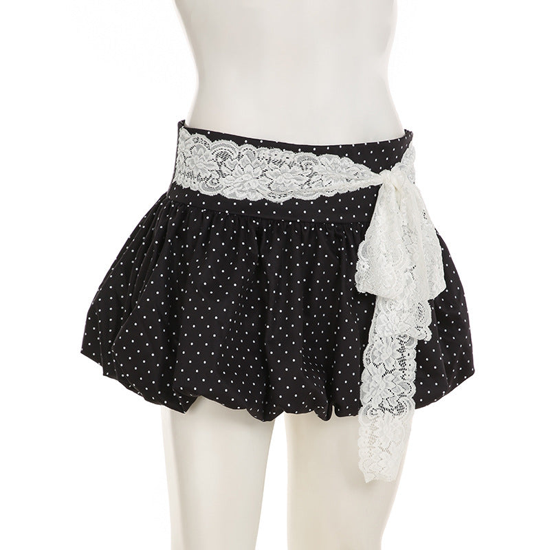 Women Summer French Lace Polka Dot Contrast Flower Bud Mini Dress 11