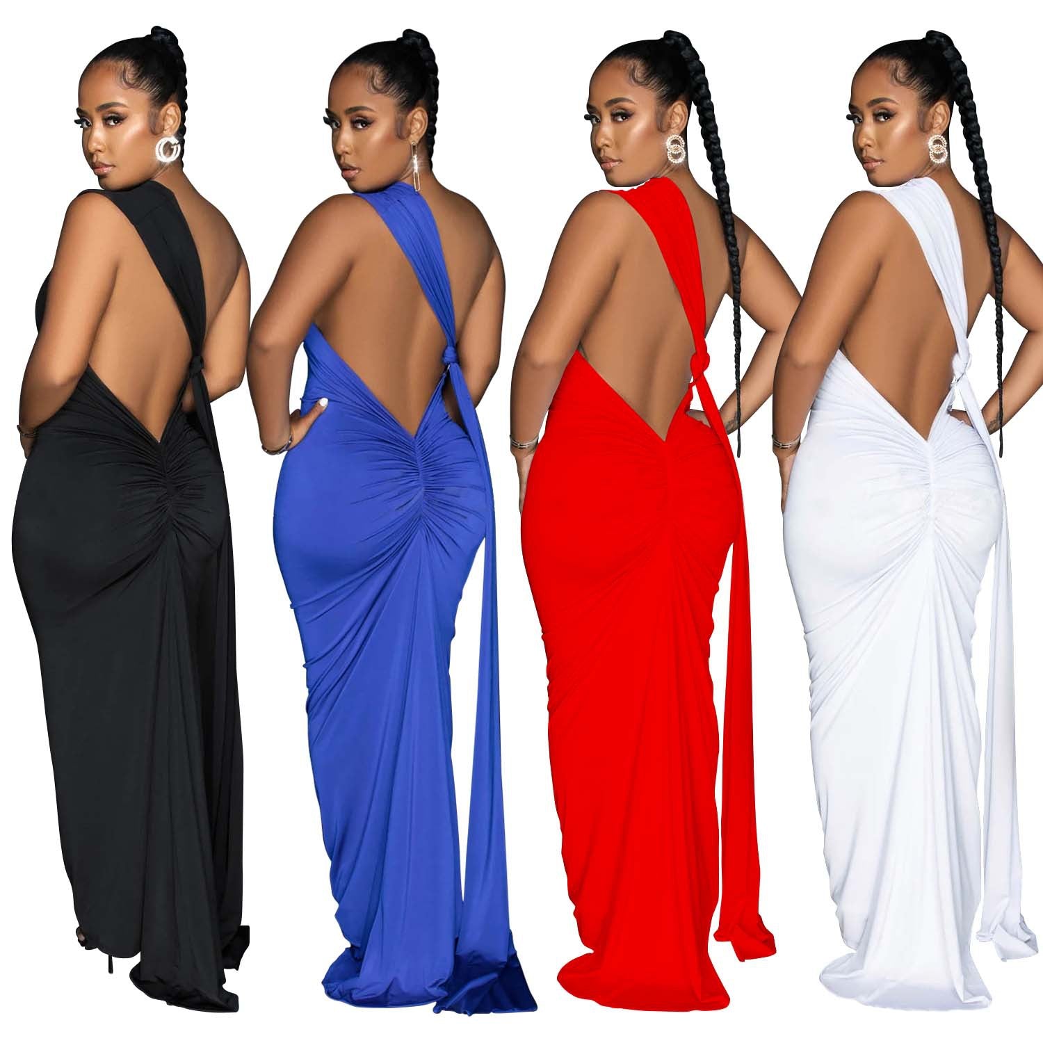 Women's Fashion Solid Color Low Back Pleated Irregular Maxi Dress For Women 9