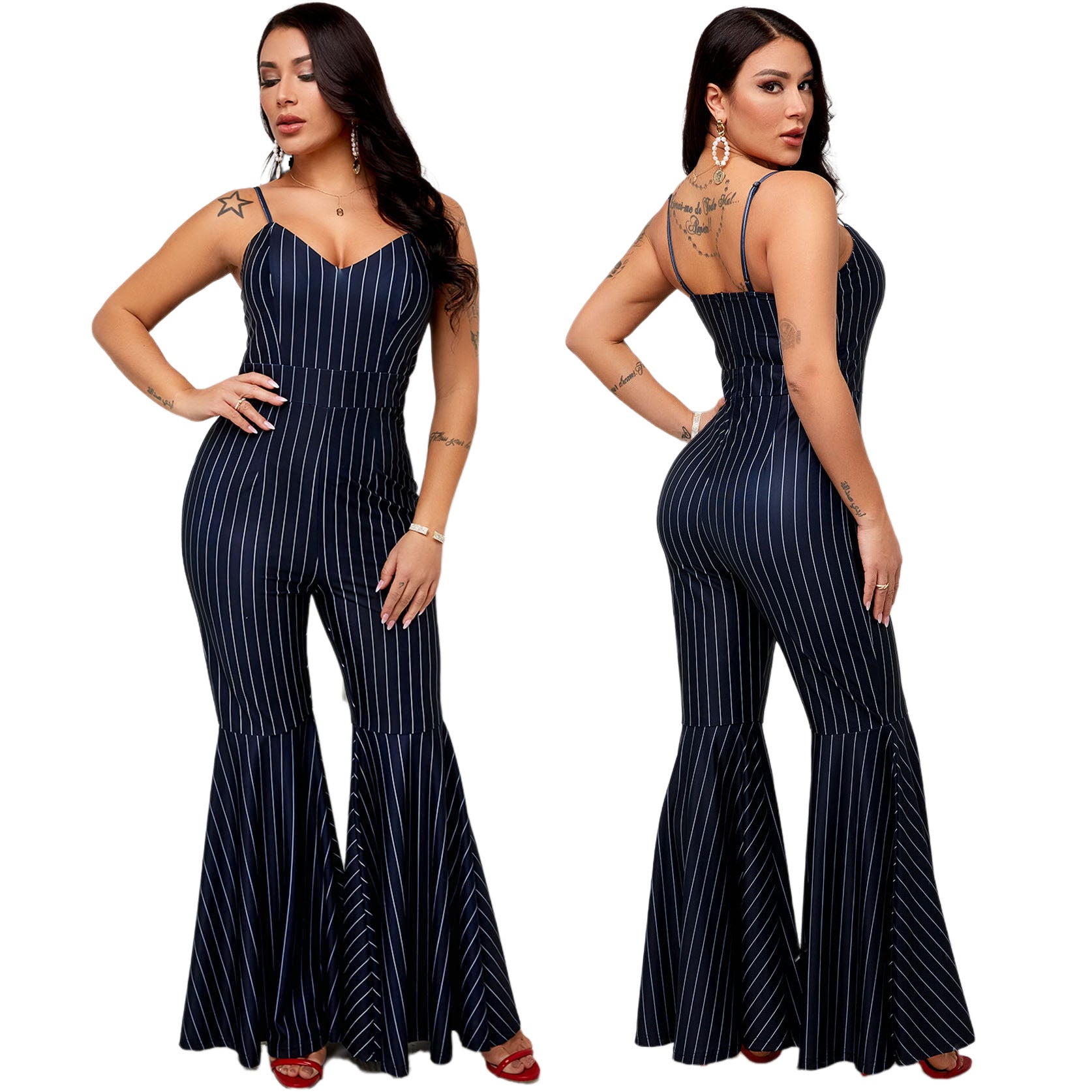 Sexy Fashion Straps Strap Stripes Bell Bottom Women's Jumpsuit 5